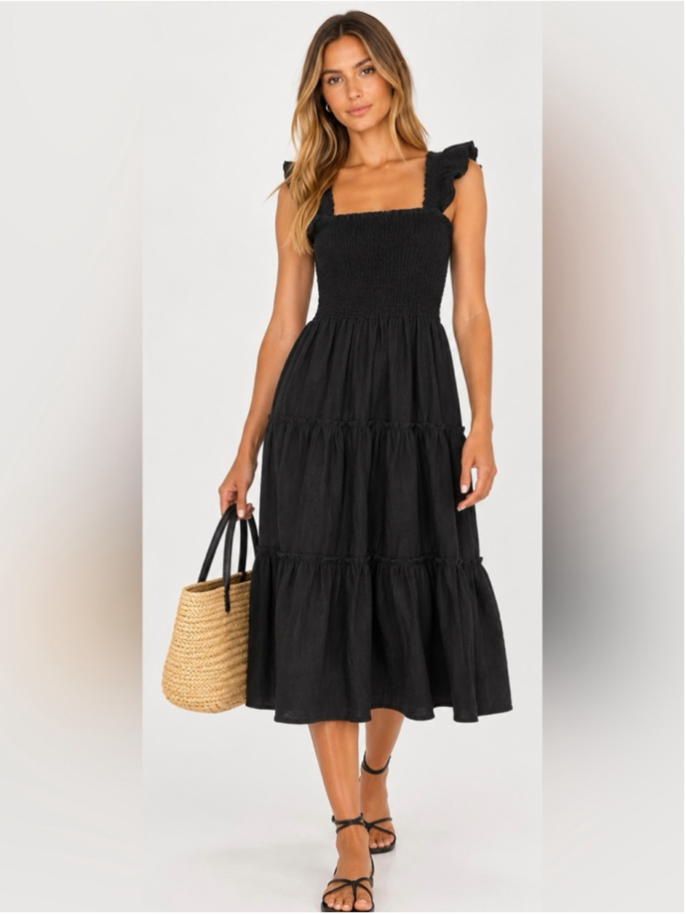Saks Fifth Avenue Black Linen Smocked Ruffle Tiered Midi Dress